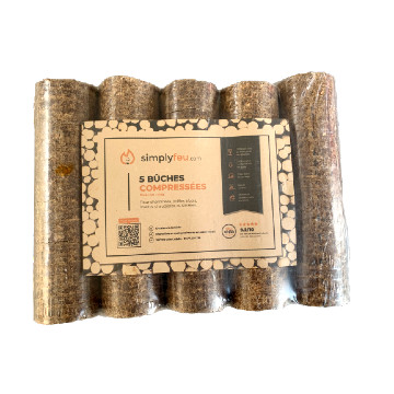 Bûches compressées PREMIUM — palette (96 packs × 5 bûches, ~925 kg)