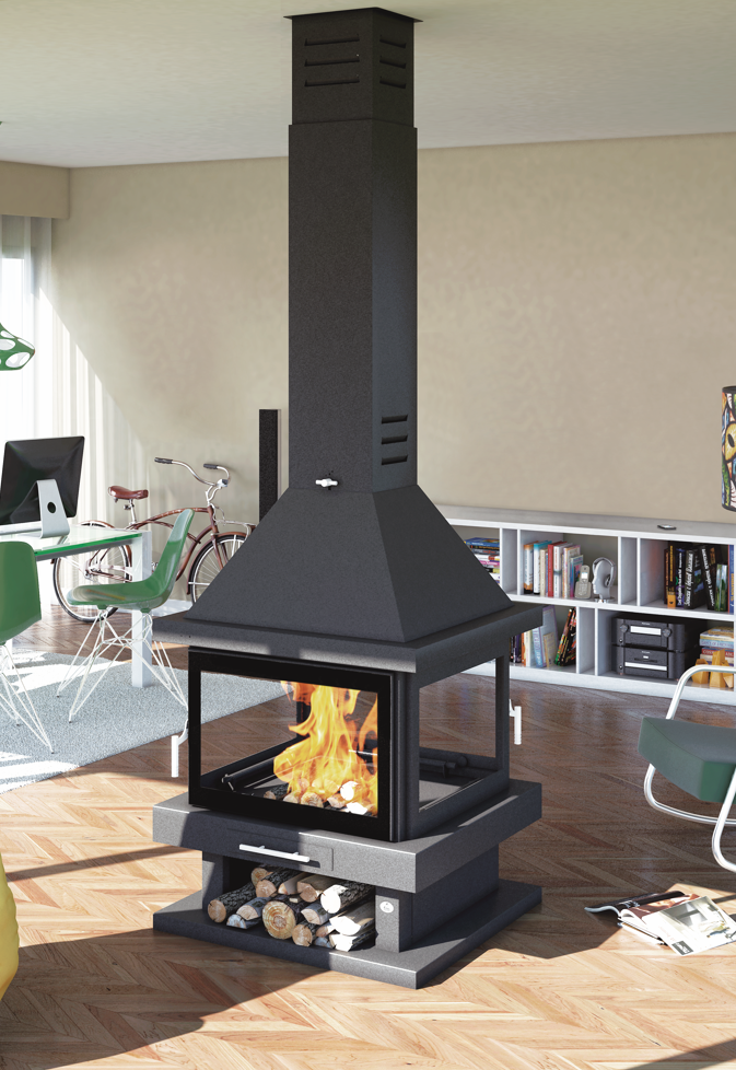 Poêle à bois cheminée centrale 4 vitres - FIREMATIC Oregon 13.8 kW