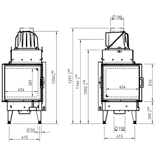 Insert bois Austroflamm Cheminée d'angle 55x55x.. K 2.0 11/13/15 kW, porte tournante
