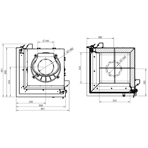 Insert bois Austroflamm Cheminée d'angle 55x55x.. K 2.0 11/13/15 kW, porte tournante