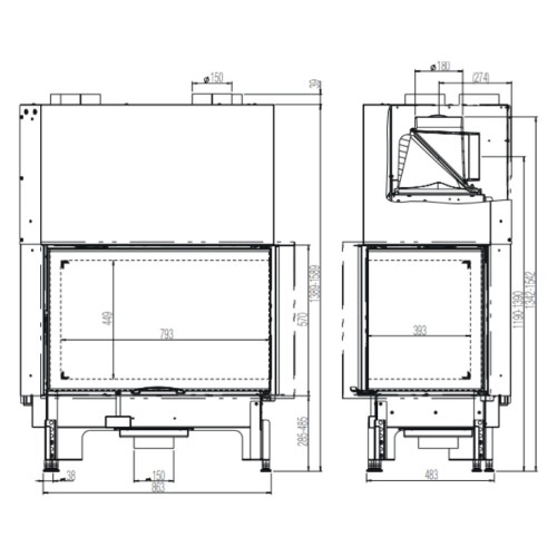 Insert bois Austroflamm Cheminée d'angle 89x49x..S 3.0 | 12 kW porte coulissante