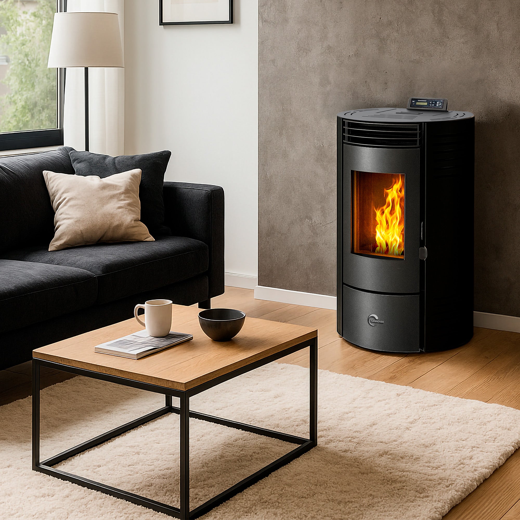 Poêle à granulés étanche Azora 11,6 kW Noir Sannover + Kit d'installation