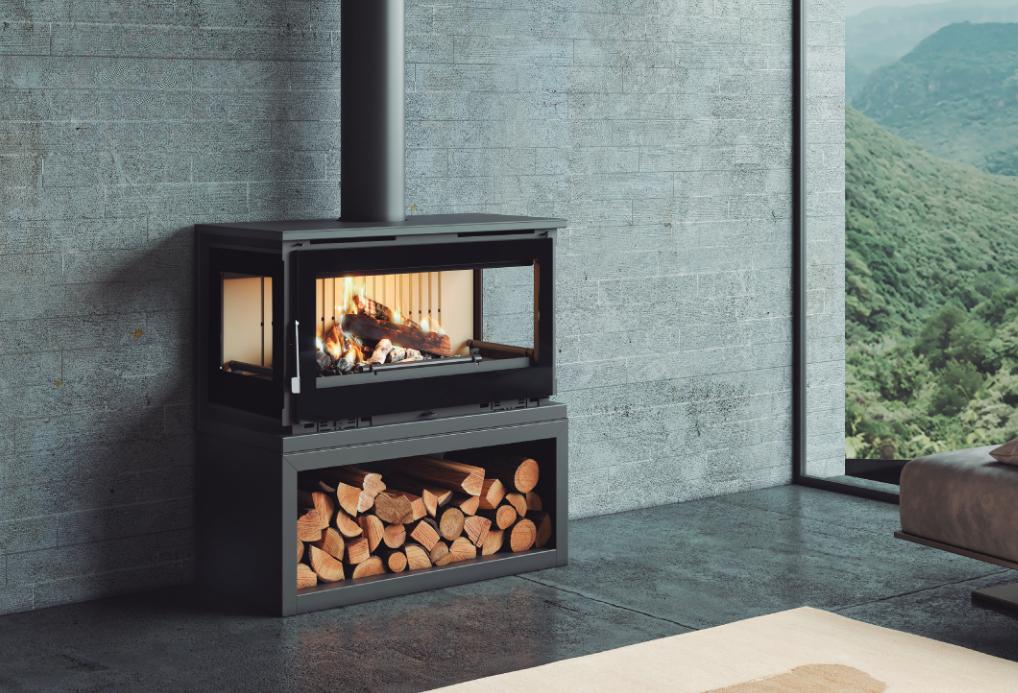 Poêle à bois raccordable 3 vitres avec bûcher - FIREMATIC Calgary - S 12.5 kW